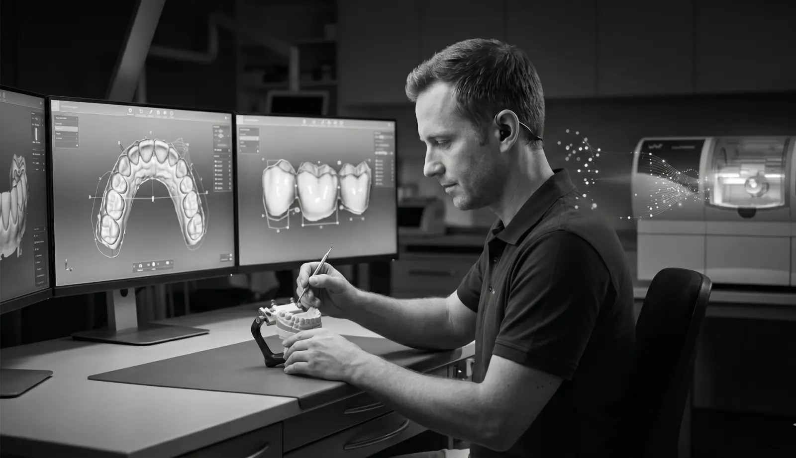 Dental technician designing a digital restoration on dual monitors next to a CAD/CAM milling machine