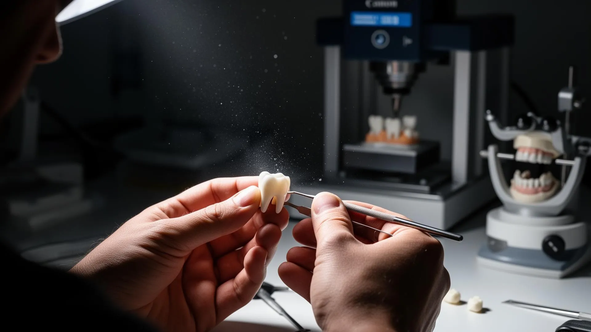 Dental laboratory technician shaping a precision ceramic crown beside a milling machine