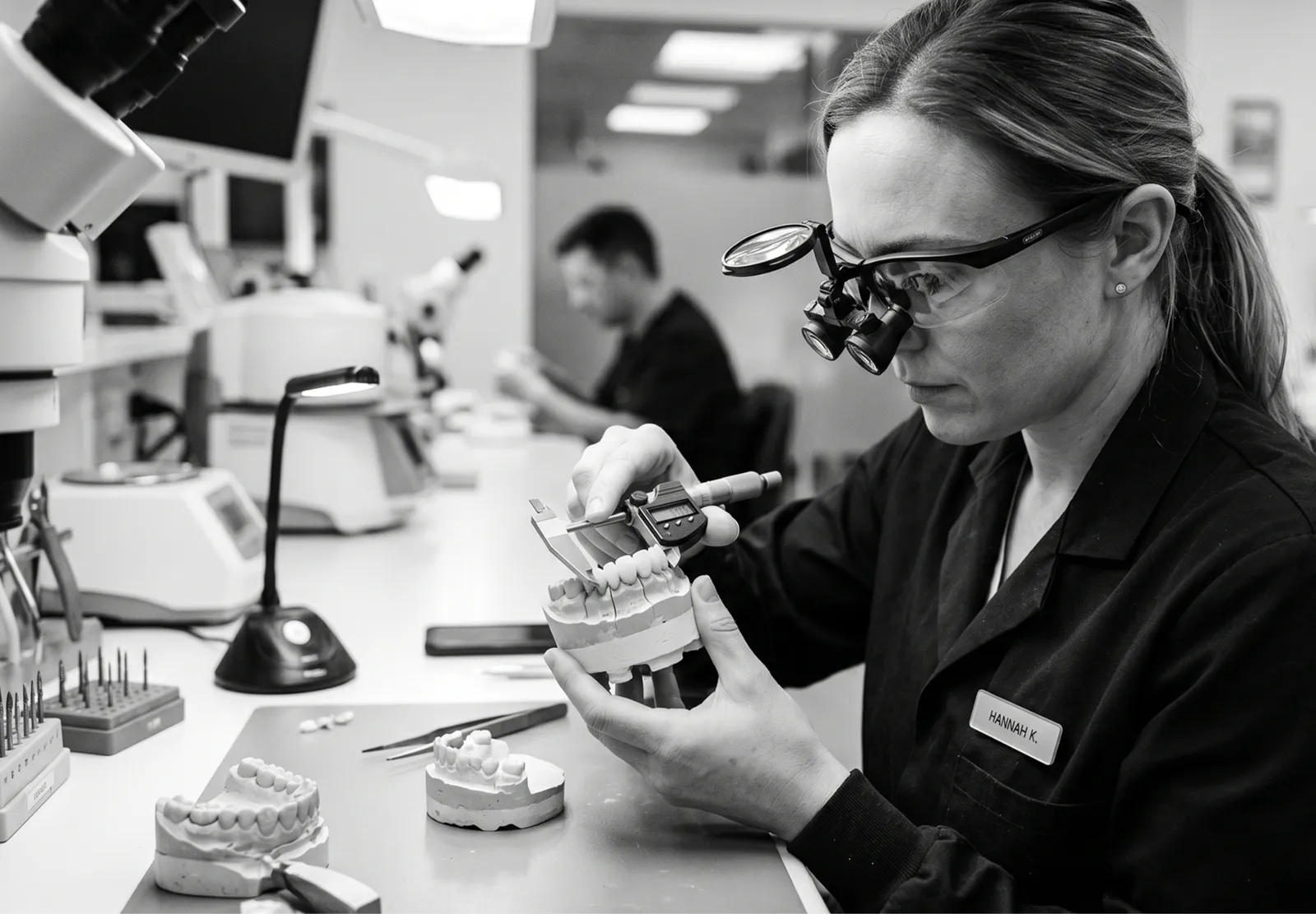 Dental lab technician with magnifying loupes precisely measuring a crown restoration on a dental model with digital calipers