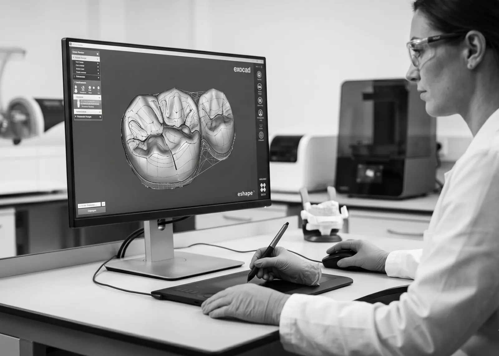 Dental technician designing a 3D crown restoration in CAD software with a stylus and tablet