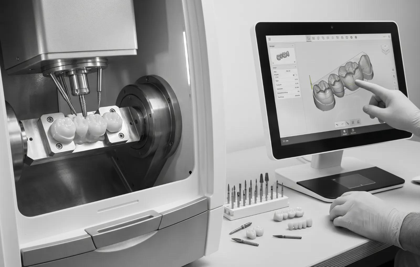 Dental CAD/CAM milling machine carving zirconia crowns next to a technician designing a restoration on a touchscreen