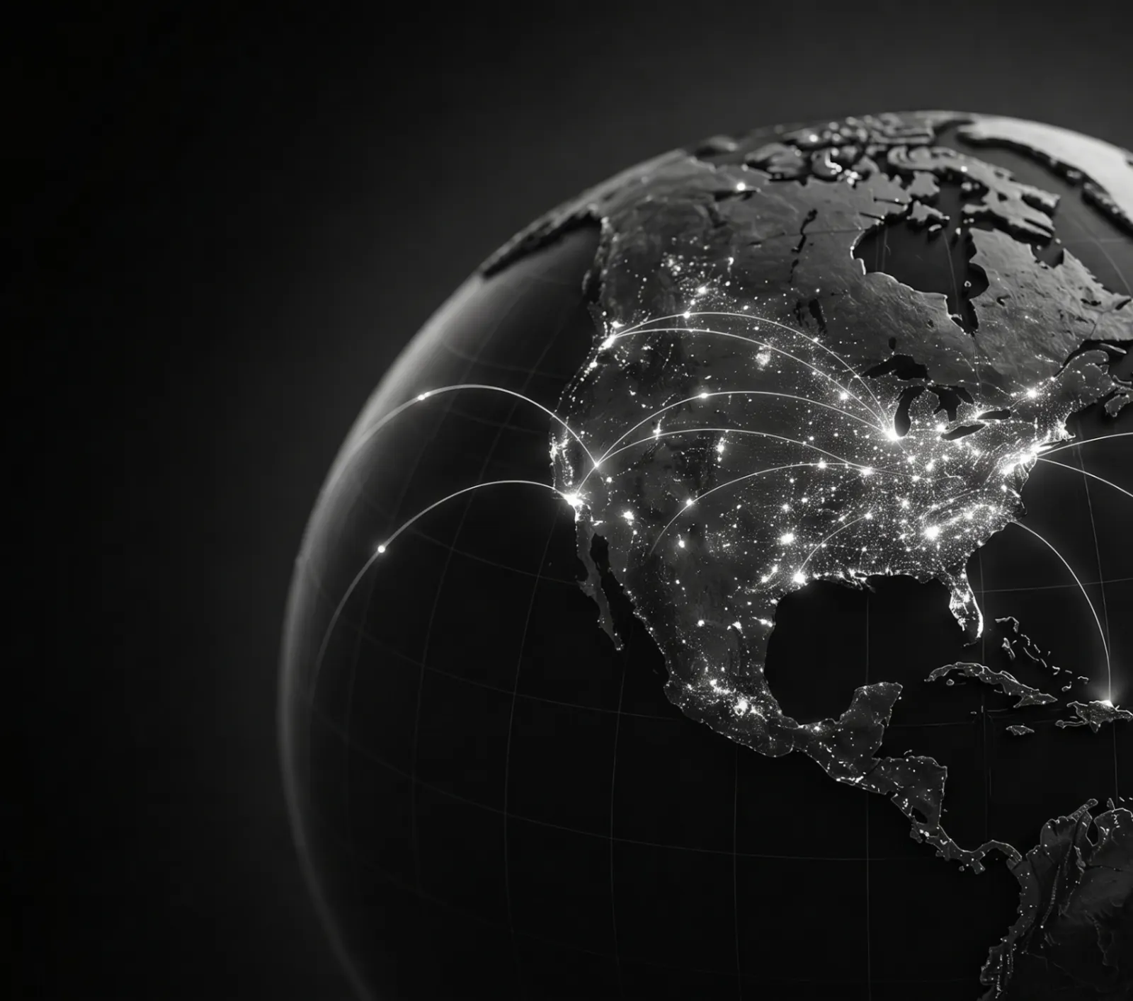 Stylized monochrome globe showing a connected dental network across North America